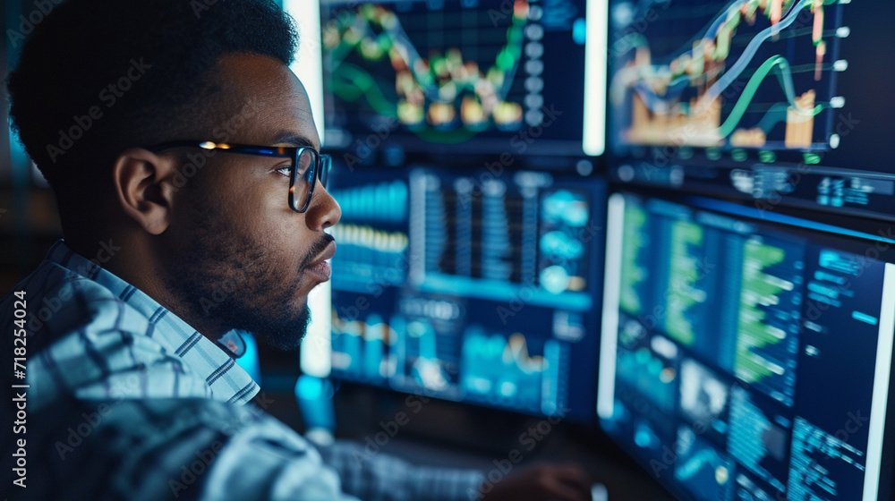 Data Analyst, A data analyst deeply focused on interpreting complex data on multiple computer screens in a tech-driven office space. Data Analyst, A data analyst deeply focused on interpreting complex data on multiple computer screens in a tech-driven office space.