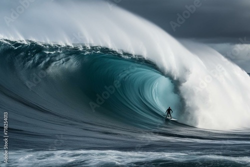 Skilled surfer conquers massive wave with a big board. Generative AI photo