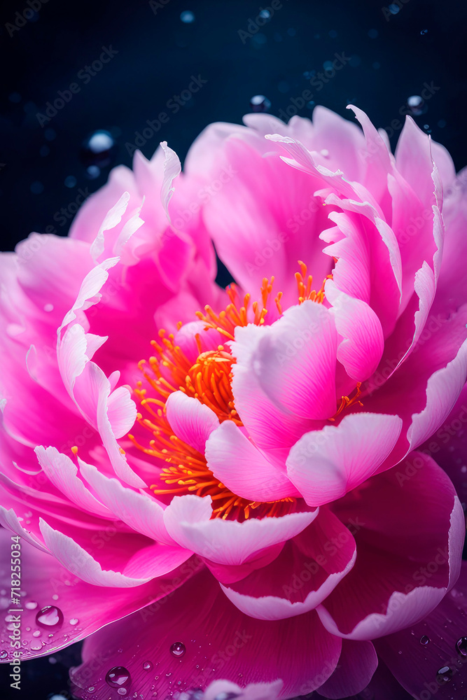Spring flowers of pink peony or peony rose macro with drops of water on the petals.