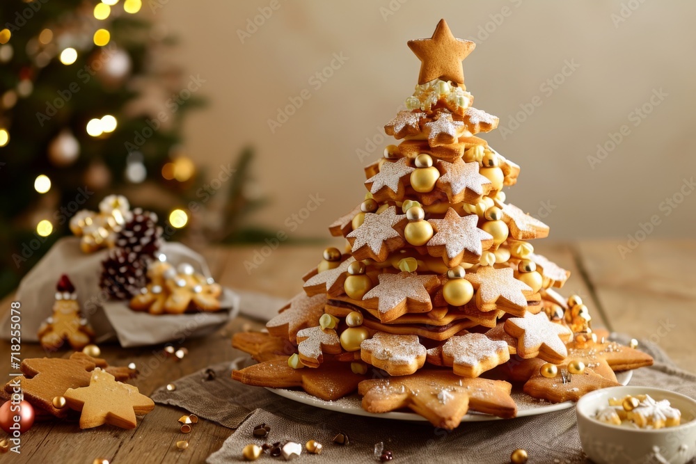 Deliciously Creative Christmas Tree Made Of Biscuit Ornaments, Perfect For Festivities. Сoncept Whimsical Winter Wonderland, Festive Gingerbread Houses, Sparkling Holiday Decor, Cozy Christmas Dinner