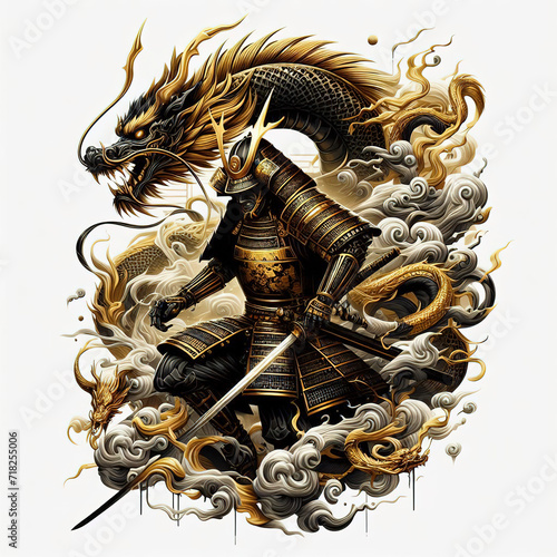 A samurai fighting with a dragon. The samurai, a master of the blade, engages in a fierce duel with the mythical creature. Generative AI.