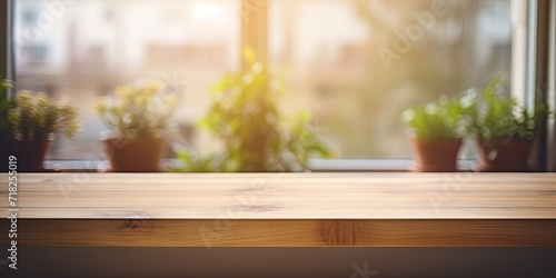 Blurred kitchen window background with wooden table top. © Sona