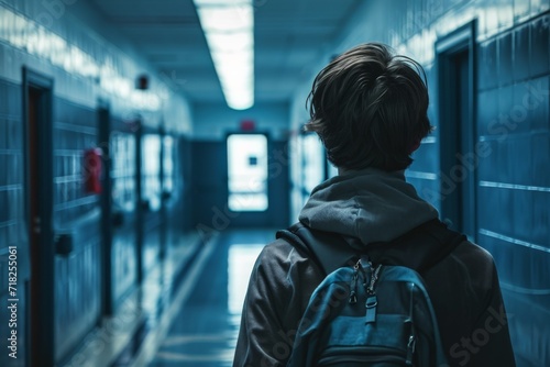 Distressed Individual Experiences Depression And Bullying In An Ominous School Hallway. Сoncept Mental Health Awareness, Bullying Prevention, School Safety, Empathy And Understanding