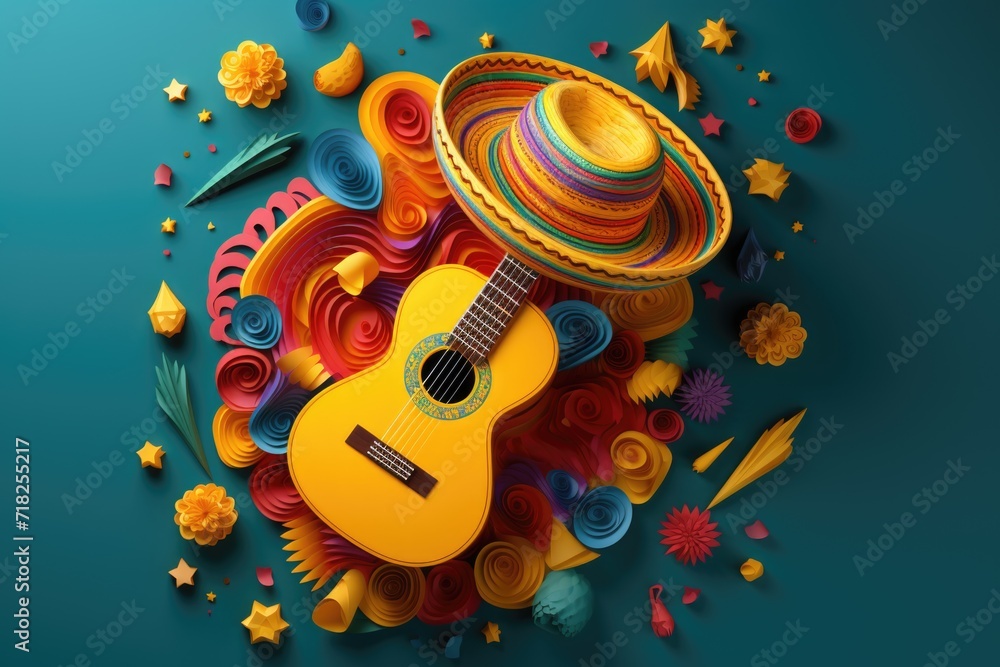 Fototapeta premium Cinco de mayo. composition of sombreros, guitar and flowers.
