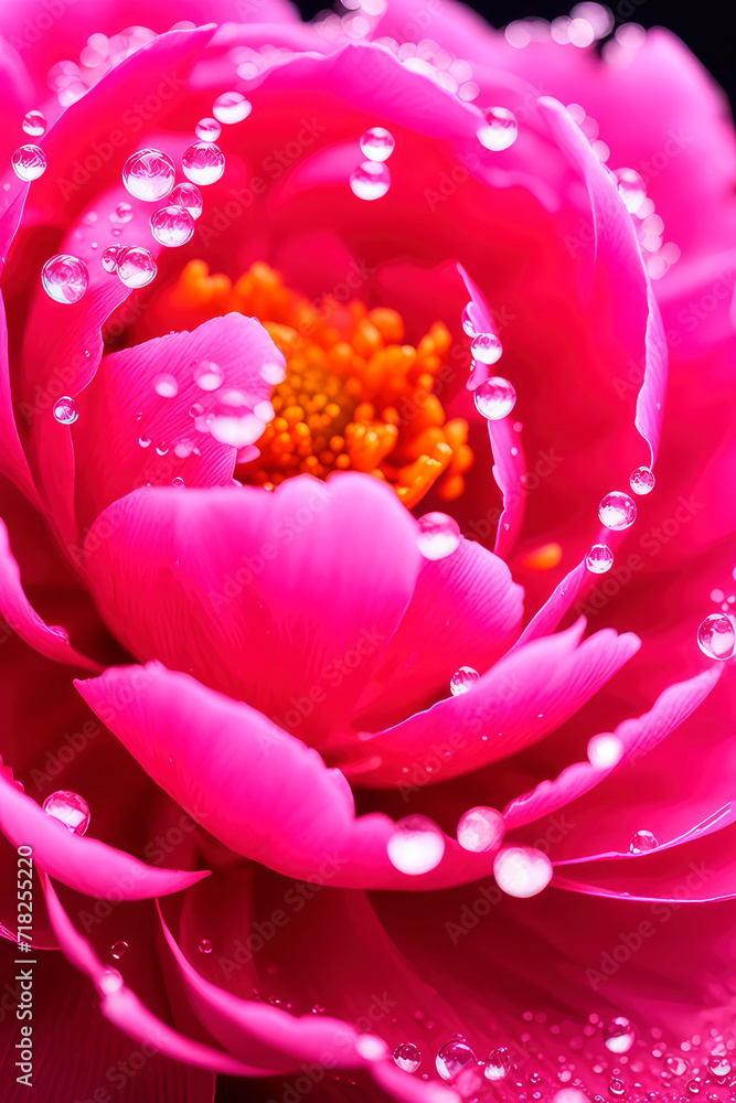 Spring flowers of pink peony or peony rose macro with drops of water on the petals.