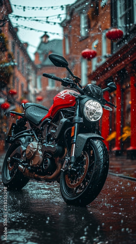 Motorcycle parked in the rain.AI.