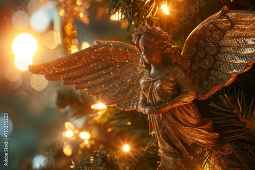 Heavenly Figure Adorns Christmas Tree As Shining Angel Topper. Сoncept Christmas Tree Decorations, Angel Tree Topper, Festive Ornaments, Holiday Spirit © Anastasiia