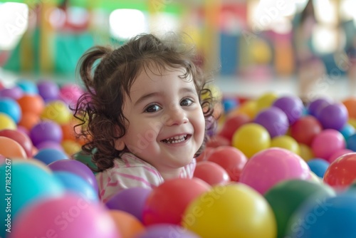 Joyful Child Enjoys Playing In Colorful Ball Pit At An Indoor Playground. Сoncept Energetic Kids, Indoor Playgrounds, Ball Pit Fun, Colorful Playtime, Childhood Joy