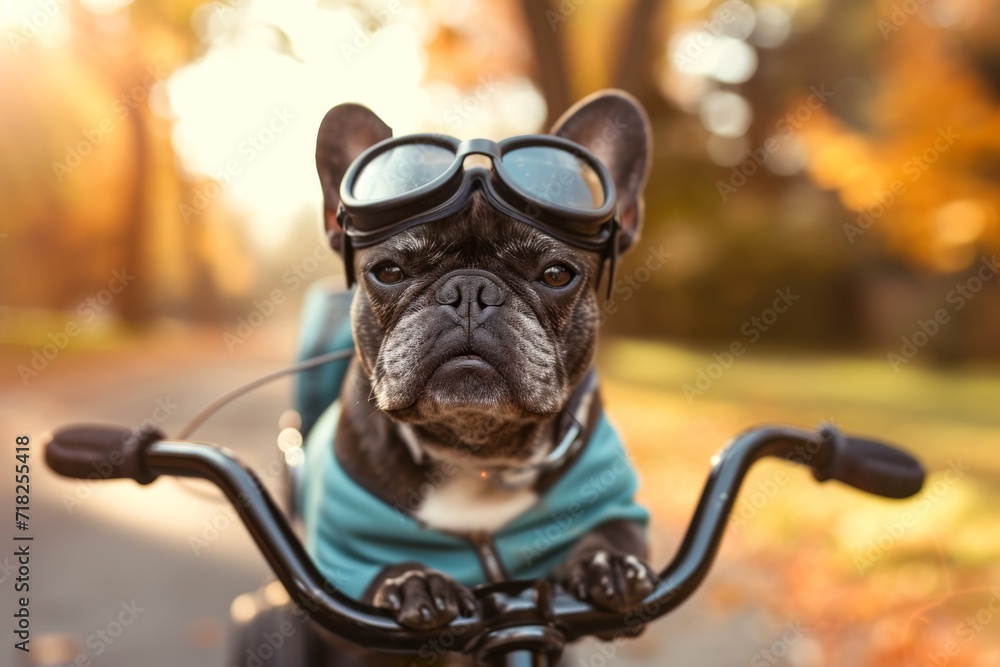 Playful French Bulldog Wearing Goggles Enjoys Ride In Pedal Car