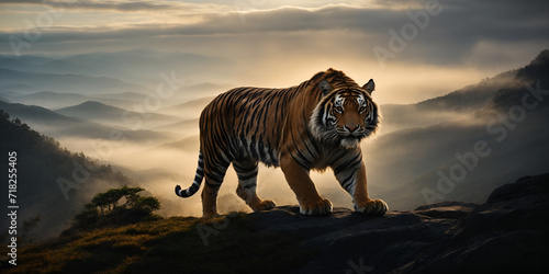 A majestic tiger strides across a misty mountain peak  its regal form illuminated by a symphony of light and darkness.