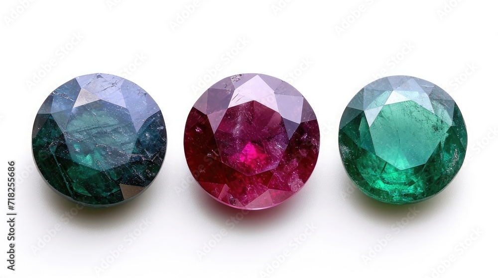 Three identical-sized precious stones, Sapphire, Emerald, and Ruby, neatly placed in a row, showcasing their rich and deep hues against a white backdrop Three identical-sized precious stones, Sapphire, Emerald, and Ruby, neatly placed in a row, showcasing their rich and deep hues against a white backdrop