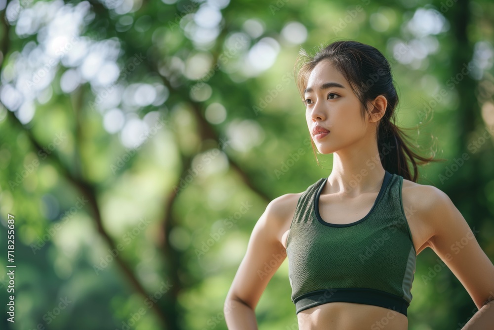 Active Asian Woman In Green Sportswear Prepares For Healthy Run In Park. Сoncept Healthy Lifestyle Tips, Asian Fitness Inspiration, Outdoor Exercise Motivation, Green Sportswear Fashion Active Asian Woman In Green Sportswear Prepares For Healthy Run In Park. Сoncept Healthy Lifestyle Tips, Asian Fitness Inspiration, Outdoor Exercise Motivation, Green Sportswear Fashion