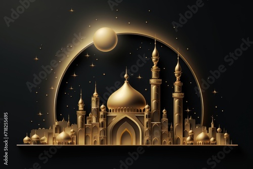 An illustration of an Arab mosque night. 3d composition. Ramadan. © P