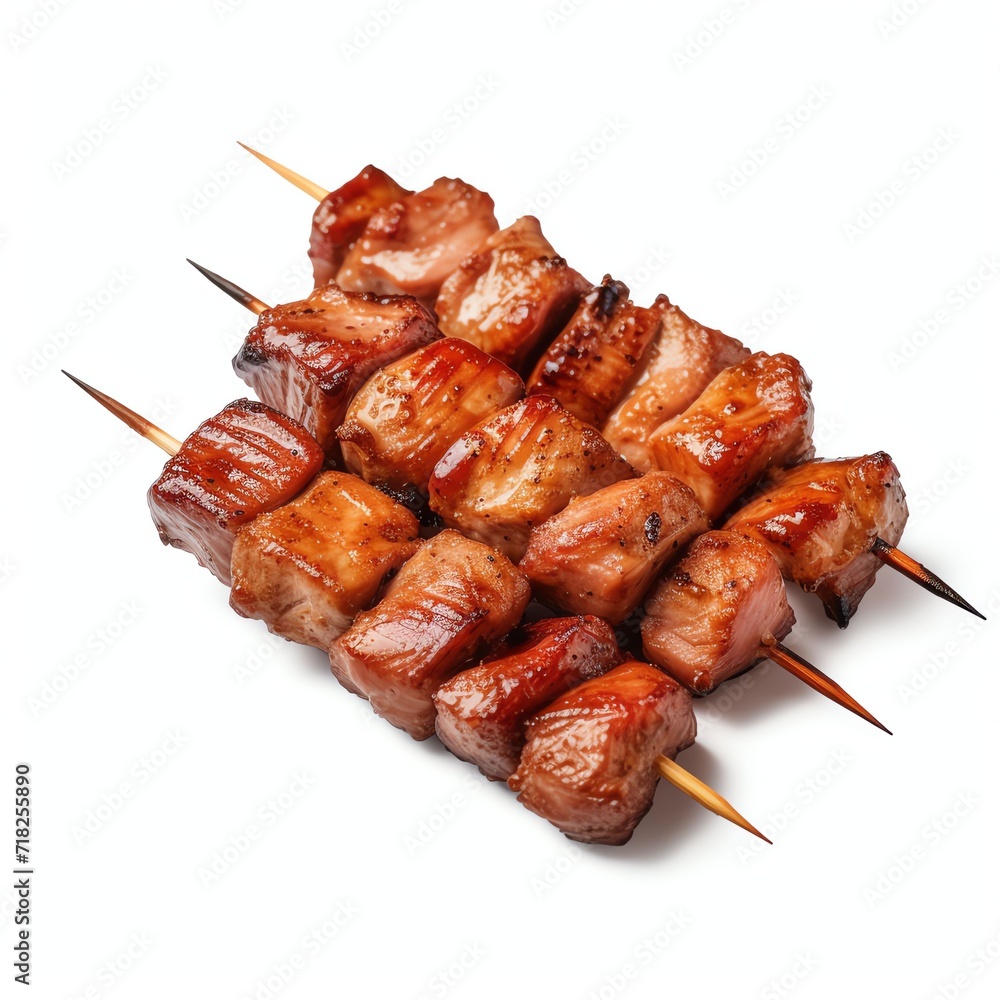 a pork bbq skewers, studio light , isolated on white background