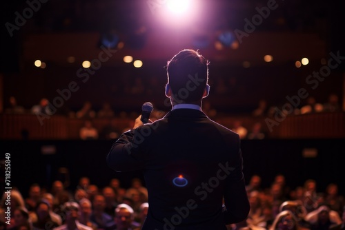An Aipowered Motivational Speaker Stands Confidently, Inspiring And Energizing The Audience. Сoncept Ai-Powered Motivational Speaker, Confident Stage Presence, Inspiring The Audience photo
