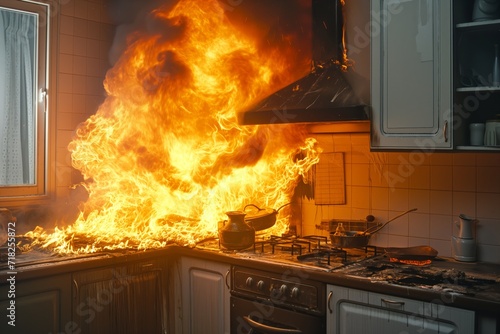 An Intense Blaze Ravages Kitchen, Escalating Into Dangerous Residential Fire. Сoncept Emergency Response, Residential Fire, Kitchen Fire, Fire Safety, Escalating Blaze