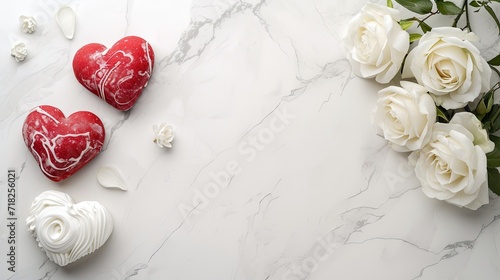 Valentine's Day decorated flatlay background for text with rose flowers, cookies, and candy #718256021