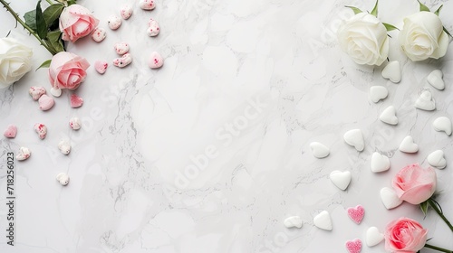 Valentine's Day decorated flatlay background for text with rose flowers, cookies, and candy #718256023