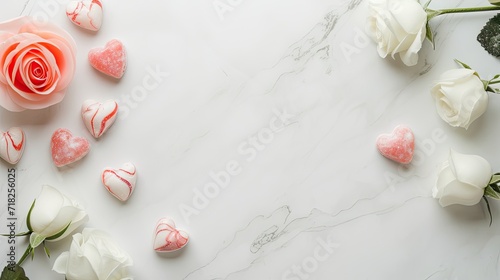 Valentine's Day decorated flatlay background for text with rose flowers, cookies, and candy