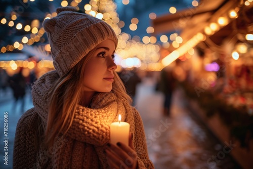 Beautiful Girl Holding Candle In Winter, Surrounded By Christmas Lights At Christmas Market. Сoncept Winter Wonderland, Festive Atmosphere, Holiday Spirit, Magical Decorations