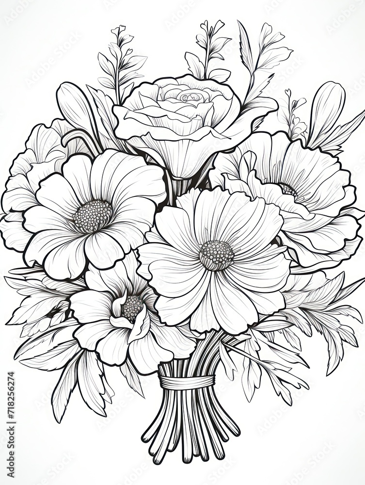 Bouquet of flowers coloring page in a modern cartoon style with high quality, high detail, and high resolution, available in black and white