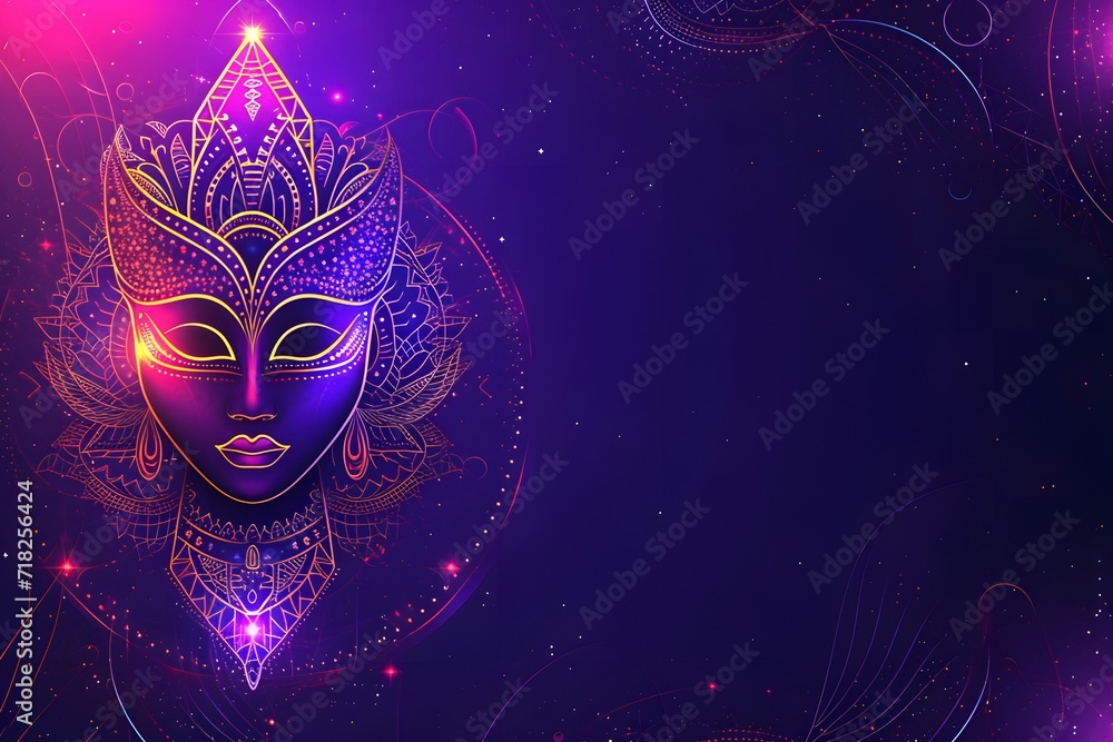 Colorful Mask Against Cosmic Purple Backdrop Copy Space