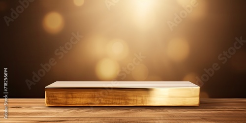 Shiny gold background with wooden table top for displaying or montaging products.
