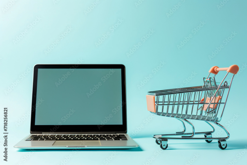 Conceptual Image Featuring Laptop And Shopping Cart On Blue Background. Сoncept Online Shopping, E-Commerce, Technology Innovation, Consumerism, Digital Lifestyle