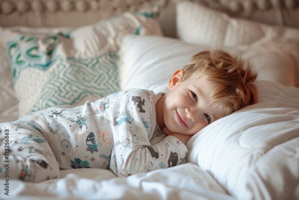 Contented Toddler Boy In Pajamas Rests On Bed After Refreshing Nap. Сoncept Napping Toddler, Restful Sleep, Pajama Comfort, Bedtime Bliss Contented Toddler Boy In Pajamas Rests On Bed After Refreshing Nap. Сoncept Napping Toddler, Restful Sleep, Pajama Comfort, Bedtime Bliss