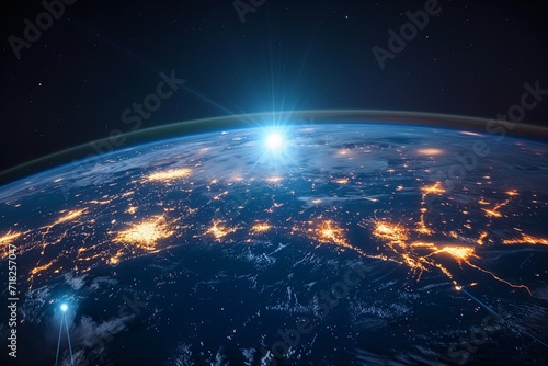 Earth At Night, Displaying Interconnected Continents As Symbol Of Global Unity. Сoncept Space Exploration, Natural Wonders, Celestial Bodies, Astronomical Phenomena