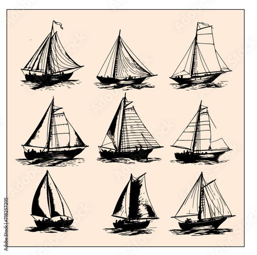 9 Classic Ship Silhouette Etchings