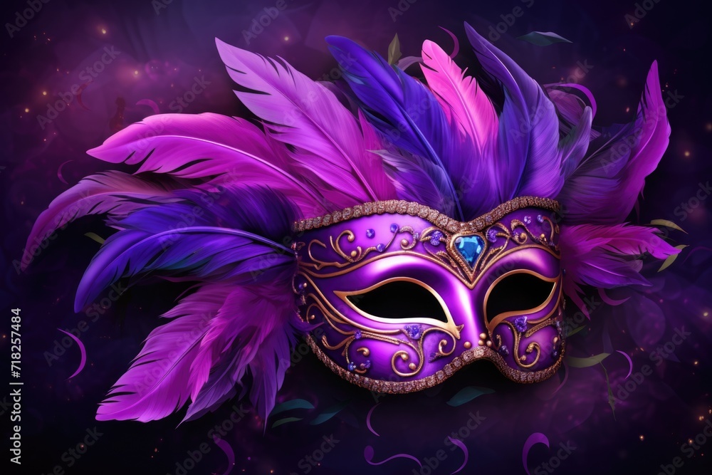 Mardi Gras mask with feathers on black background.