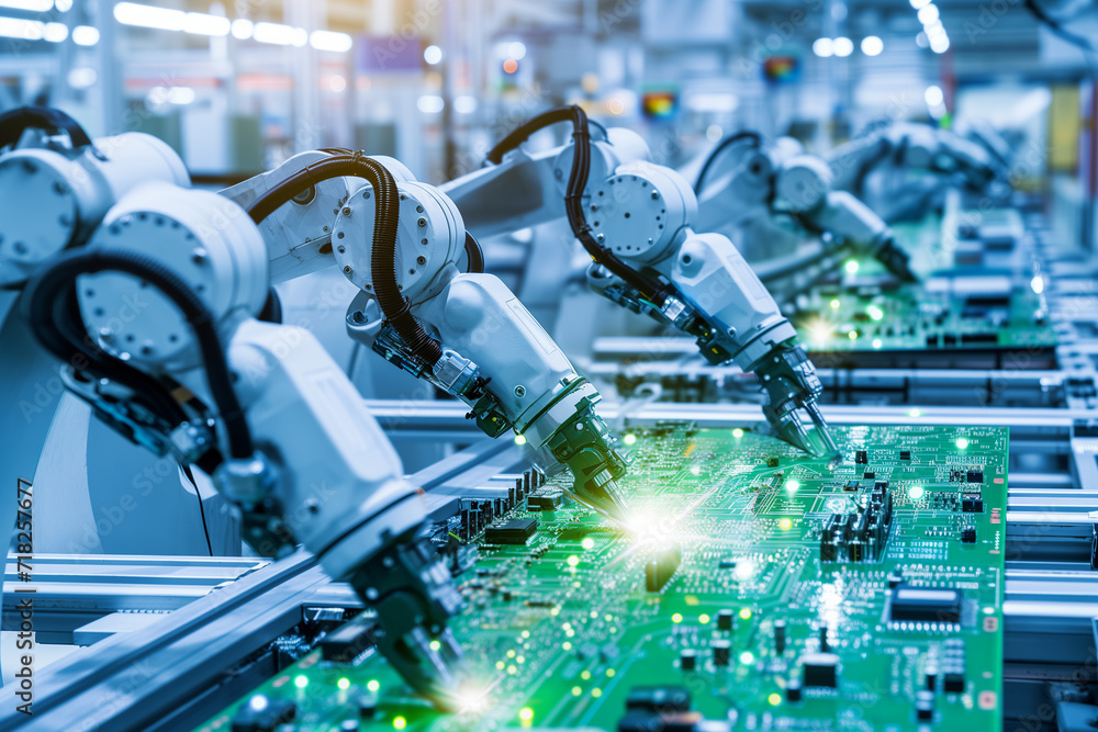 Bras robotisés travaillant en ligne sur une chaîne d'assemblage automatisée à l'intérieur d'une usine électronique moderne fabriquant des circuits imprimés - obrazy, fototapety, plakaty 