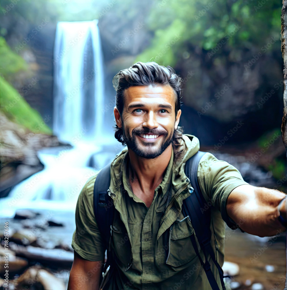 Young, happy man taking selfie photo by beautiful waterfall