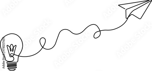 Paper Plane with a connected blub, plane paper background vector, modern design, simple style, Concept of vision or potentiality of an idea or project. Vector, isolated on transparent background.