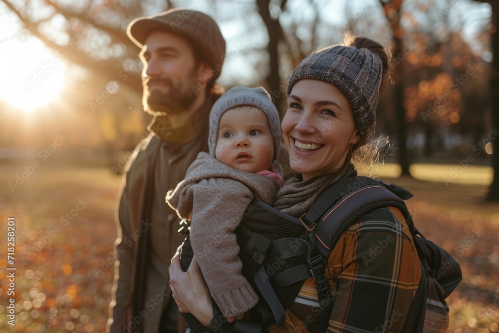 Family strolling with their baby in a baby carrier in a park on an autumn day