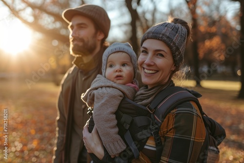 Family strolling with their baby in a baby carrier in a park on an autumn day