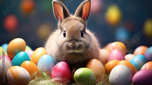 Wallpaper Mural A cute Easter bunny among the colored Easter eggs. One funny, fluffy rabbit and many colorful eggs. Easter holiday. Torontodigital.ca