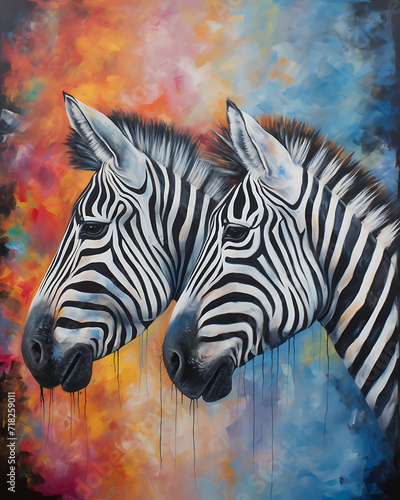 Zebra striped animal oil painting artwork - hand painted zebra head colorful whimsical watercolor illustration canvas art portrait - zoo animal wildlife jungle mammal wallpaper background