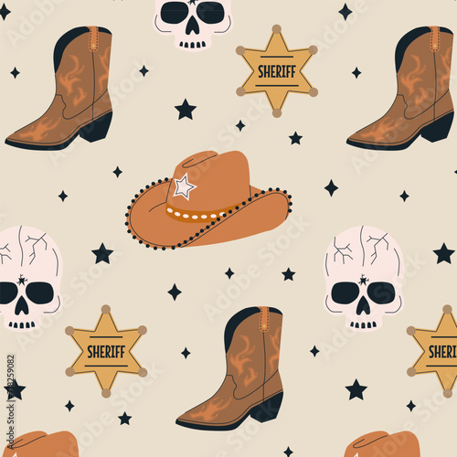 Pattern vector cowboy accessories and attributes. Collection of retro elements. Cowboy Western and Wild West theme. Set of cowboy hat, boots, cactus, lasso, cow skull, horseshoe, saddle, feather. 
