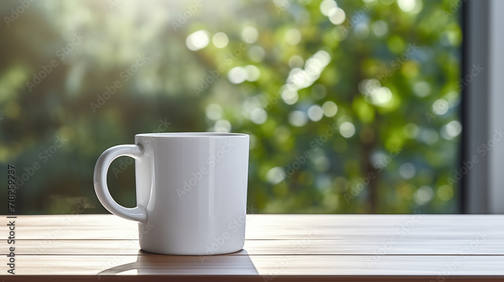 Mug, tasse en premier plan sur une table en bois. Arrière-plan de nature, plante. Flou, bokeh. Pour conception et création graphique. Mug, tasse en premier plan sur une table en bois. Arrière-plan de nature, plante. Flou, bokeh. Pour conception et création graphique.