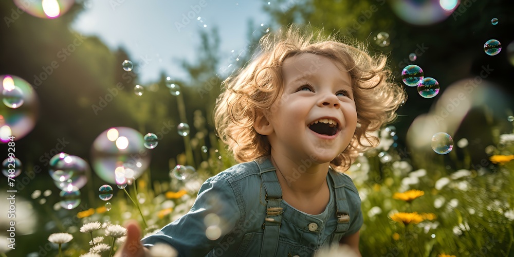 Joyful child playing with bubbles in sunlit garden. summer fun and innocence captured in nature. AI Joyful child playing with bubbles in sunlit garden. summer fun and innocence captured in nature. AI