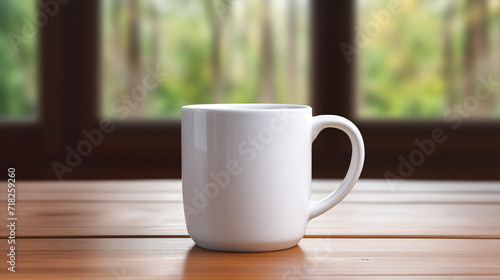 Mug, tasse en premier plan sur une table en bois. Arrière-plan de nature, plante. Flou, bokeh. Pour conception et création graphique. photo
