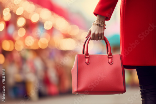 A chic bright red handbag adds elegance to urban shopping scenes