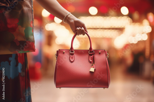 Close up of hand holding a hand bag in ths glamorous composition, colourful blurred shopping centre background