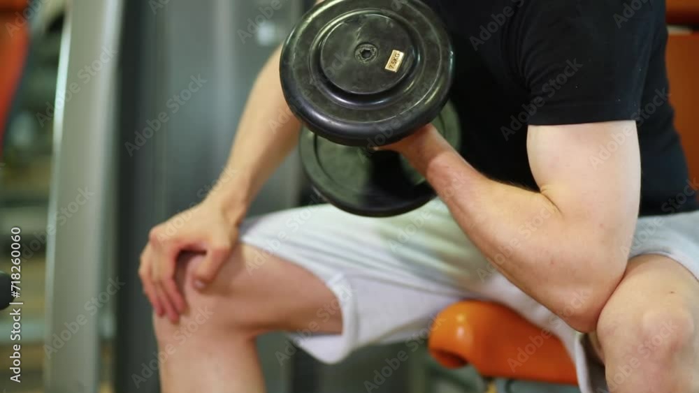Close up of mans hand, raising and lowering dumbbell Close up of mans hand, raising and lowering dumbbell