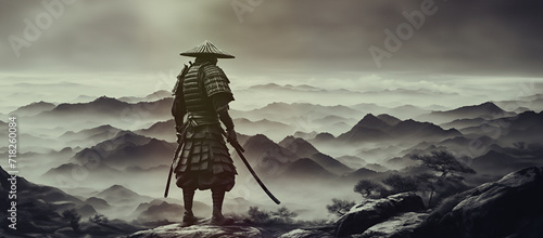 Photo antico guerriero samurai che dalla cima di un monte osserva una vallata nebbiosa