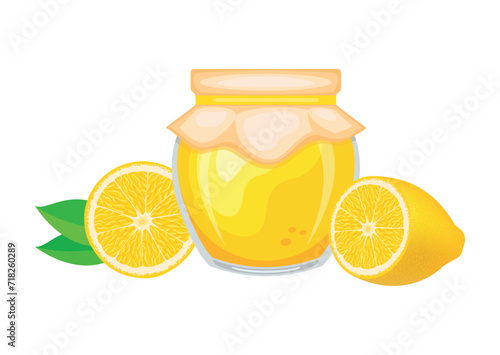 Lemon jam in glass jar and fresh lemons vector illustration. Glass of lemon marmalade design element. Lemon curd jar icon set isolated on a white background