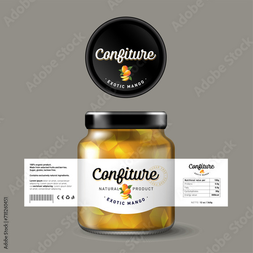 Mango confiture. Sweet food. White label with fruit and letters. Mock up of glass jar with label.