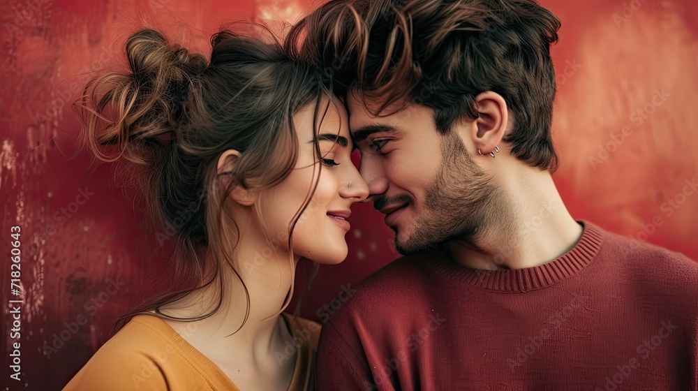 Beautiful young couple in love looking at each other on red background